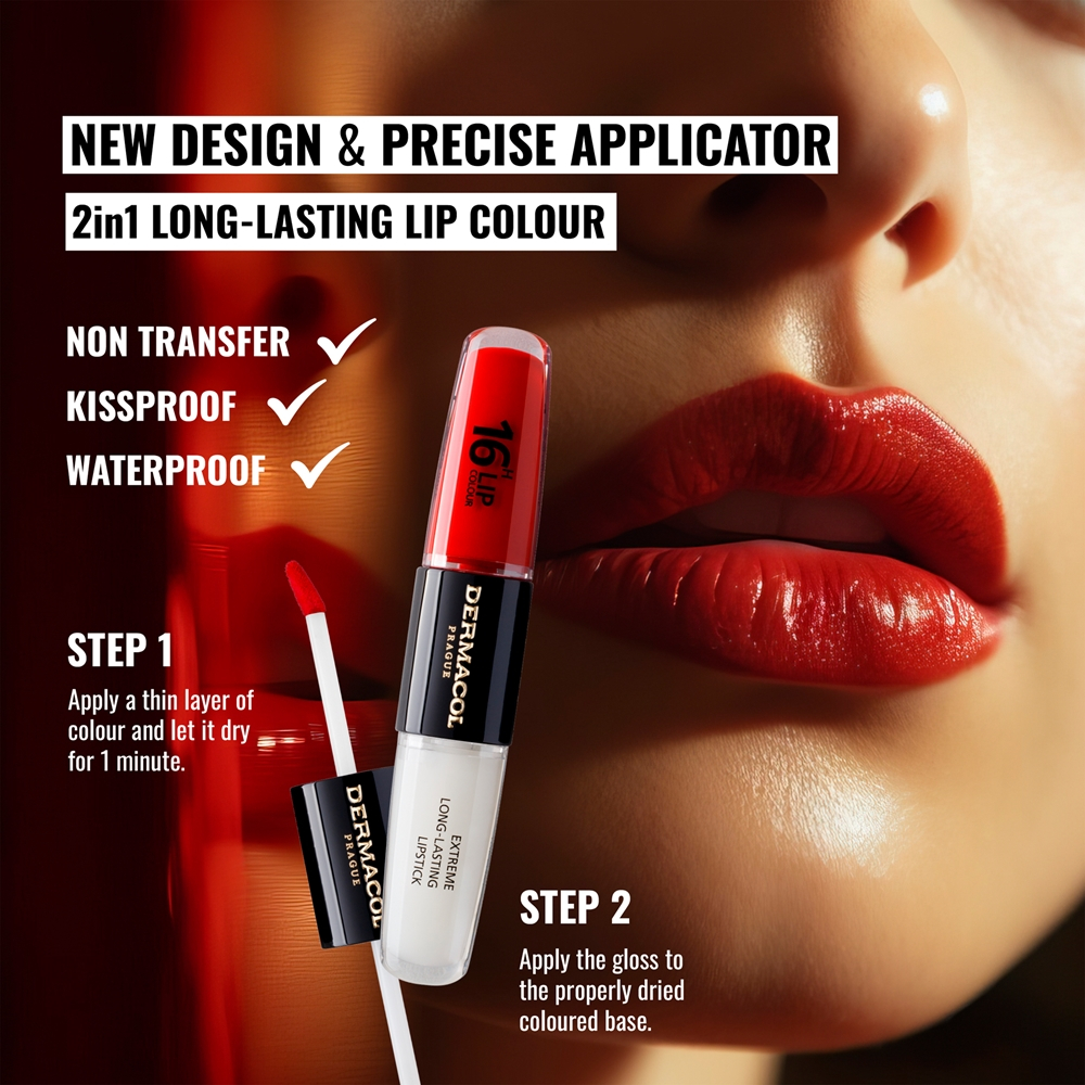 Dermacol 16H Lip Colour - Долговременная помада и блеск для губ оттенок 04 Revenge Red, 2 ml