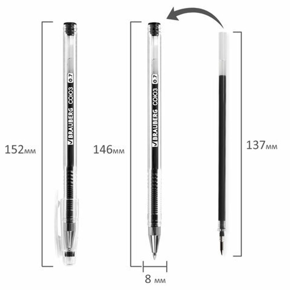 Ручка гелевая РОССИЯ "СОЮЗ", ЧЕРНАЯ, корпус прозрачный, 0,7 мм, линия письма 0,5 мм, BRAUBERG, 143963