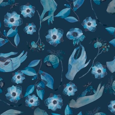 Руки, анемоны, птица, шиповник на тёмном, акварель