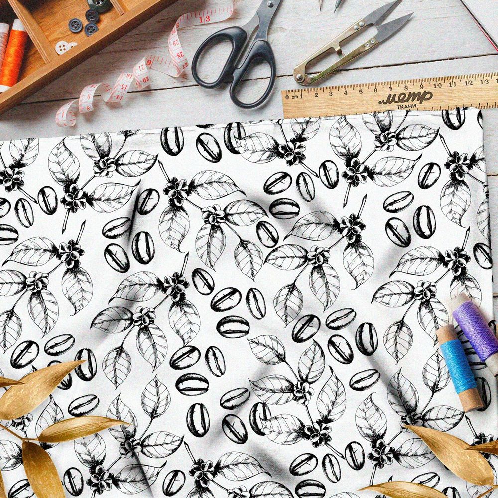 Ткань шифон эскиз кофейных листьев и зёрен