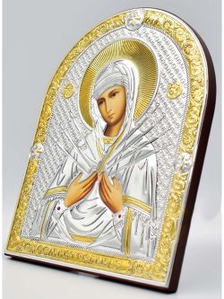 Семистрельная икона Божьей Матери в серебряном окладе.