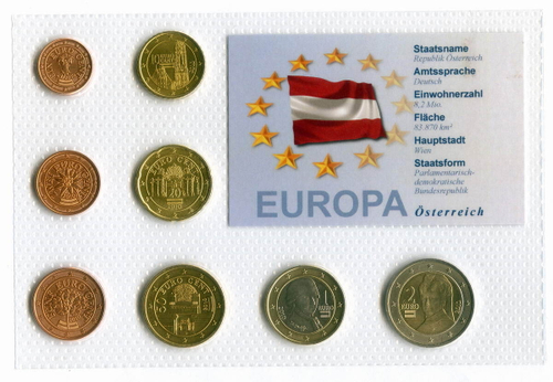 Набор из 8 евромонет Австрии 2010 года в оригинальном блистере