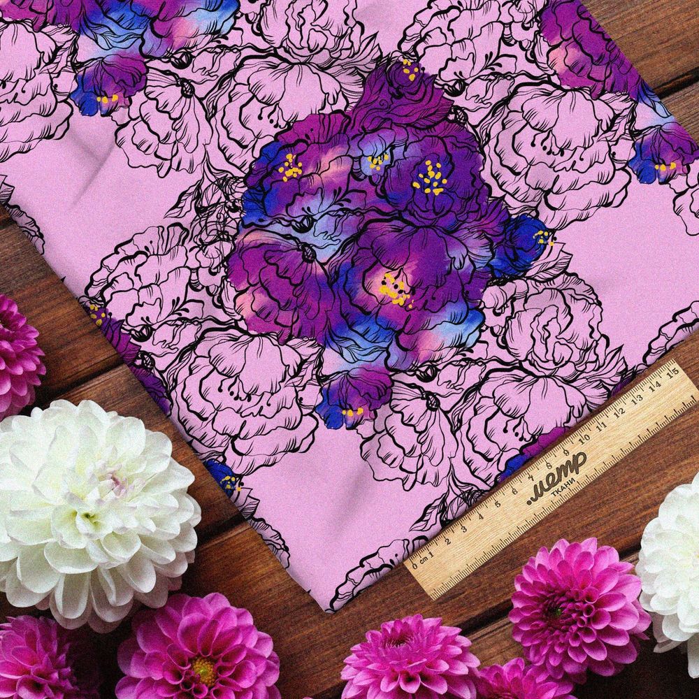 Ткань флис сине-фиолетовые пёстрые цветы