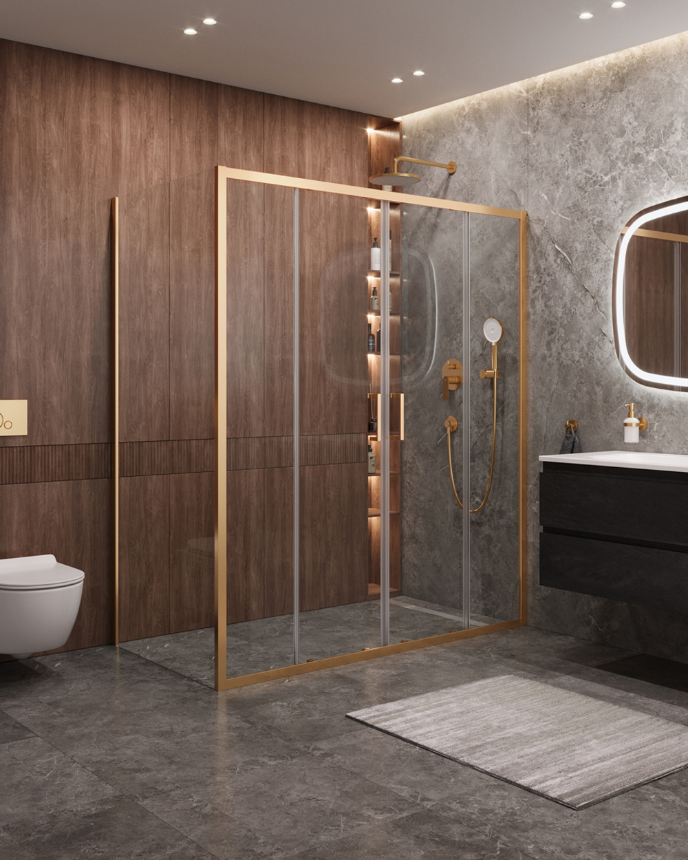 Душевой уголок Cezares MOLVENO-AH-2/1-170/90-C-BORO-IV, 170х90х195, профиль брашированное золото, прозрачное стекло