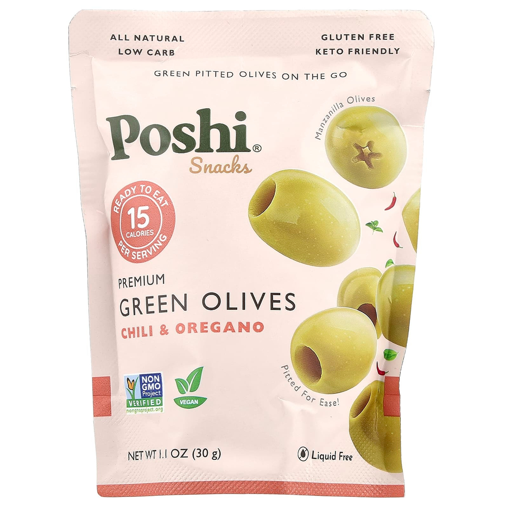 Poshi, Snacks, зеленые оливки премиального качества, чили и орегано, 30 г (1,1 унции)