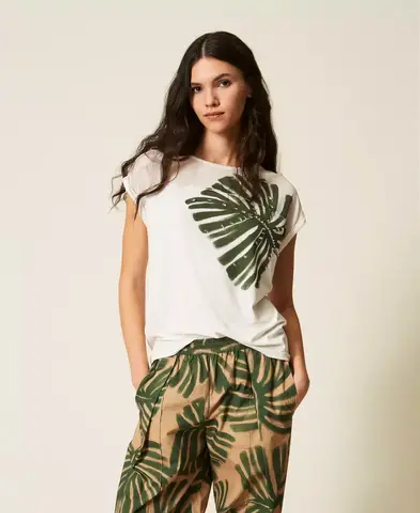 TWINSET Футболка с принтом, декорированная стразами