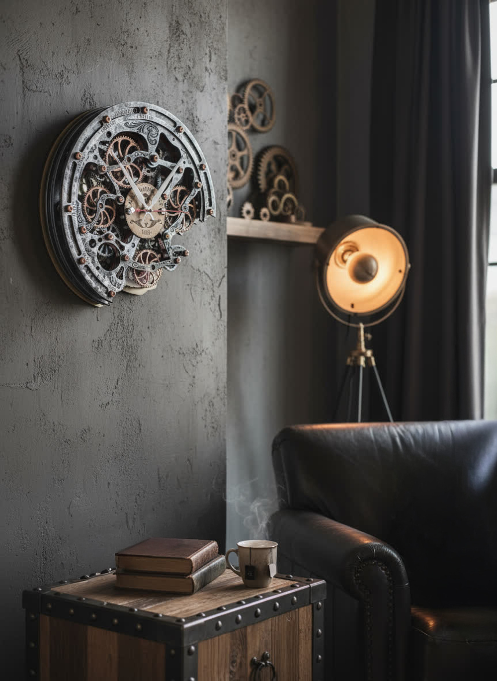 Кинетические часы в интерьере кабинета с лампой и деревянным столом — стиль лофт, ручная работа, старинная эстетика.