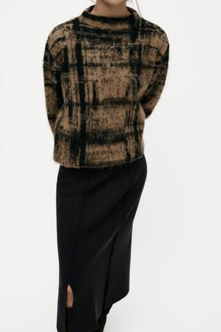 ZARA ТРИКОТАЖНАЯ ЮБКА МИДИ С РАЗРЕЗАМИ, ТЕМНО-СИНИЙ
