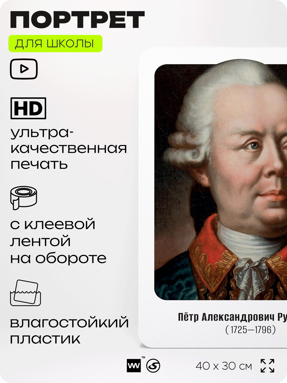 Портрет для школы в кабинет истории "Петр Александрович Румянцев", стенд школьный для класса, деятели науки для оформления классного уголка, 40х30 см, Silver Plane x Айдентика Технолоджи