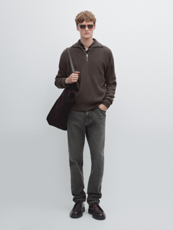 Massimo Dutti Вязаный свитер с воротником-стойкой на молнии, коричневый