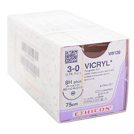 Викрил 3/0 Ethicon W9120, 75 см, колющая игла 26 мм, изгиб ½, 12 шт