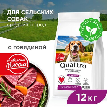 Корм сухой для взрослых собак средних пород, премиум полнорационный комплекс, для живущих в сельской местности, с говядиной, 12 кг, QUATTRO