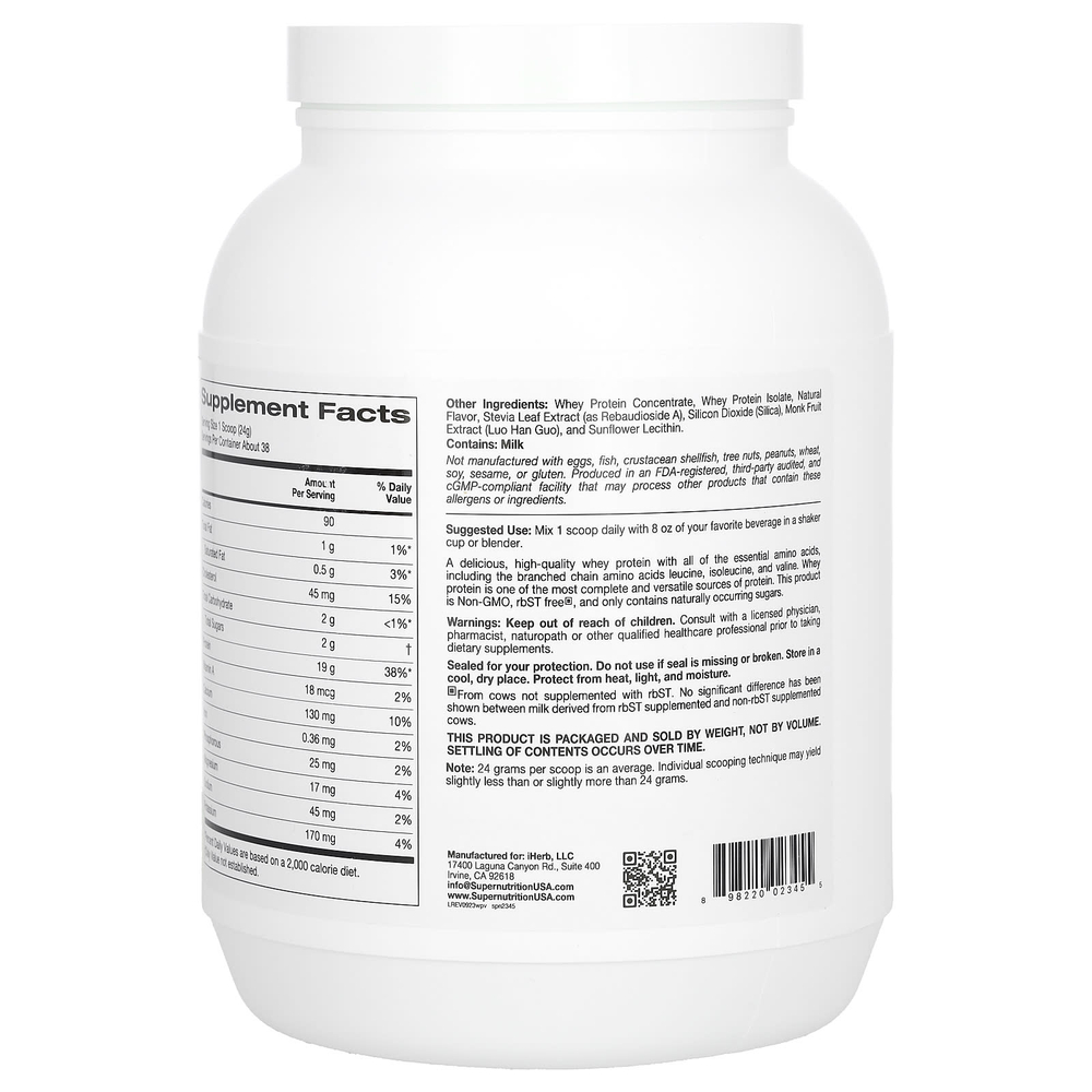 Super Nutrition, порошок из ультрафильтрованного сывороточного протеина с экстрактом листьев стевии, экстрактом архата и подсолнечным лецитином, без ГМО и р-БСТ, со вкусом ванили, 908 г (2 фунта)