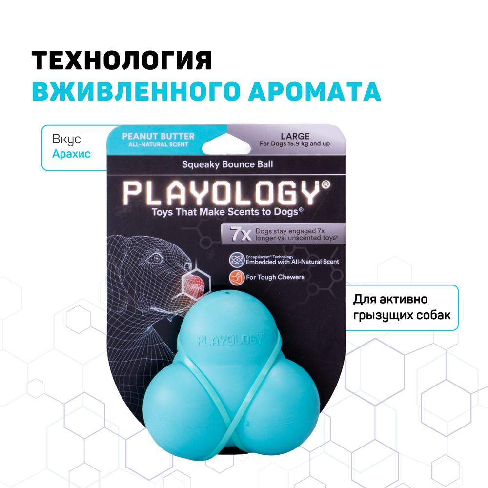 Playology жевательный тройной мяч SQUEAKY BOUNCE BALL для собак средних и крупных пород с пищалкой и с ароматом арахиса, цвет голубой