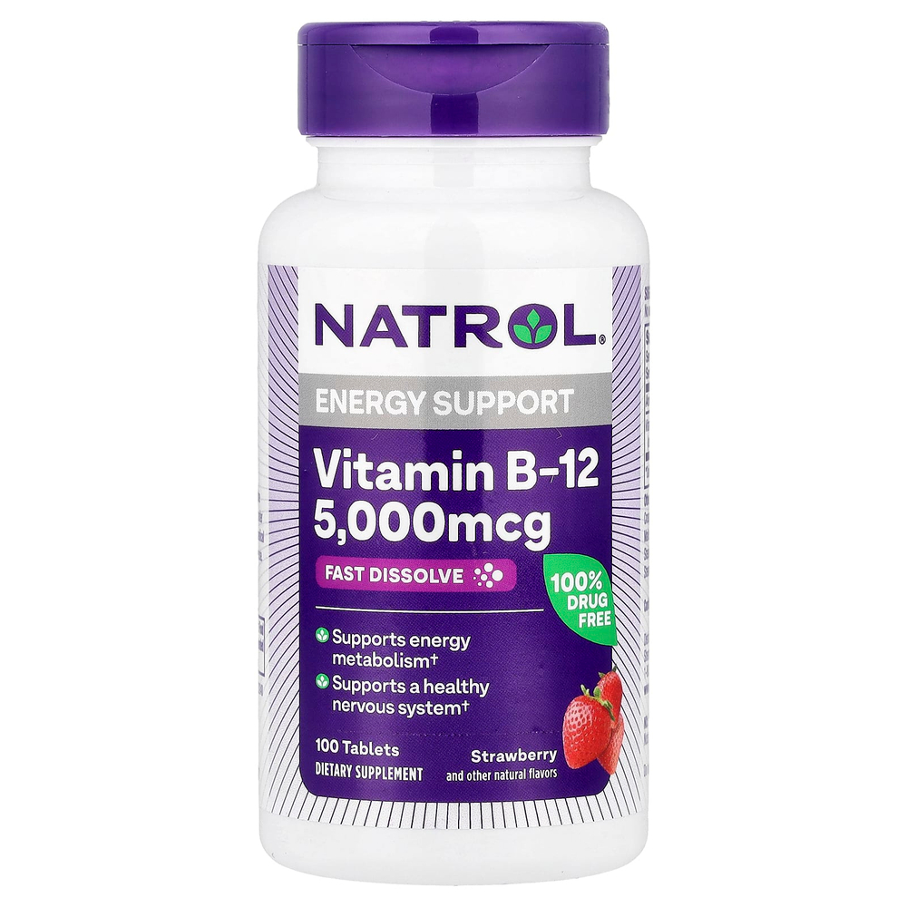 Natrol, витамин B12, быстрорастворимый, максимальная эффективность, с клубничным вкусом, 5000 мкг, 100 таблеток