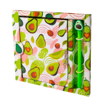 Записная книжка в футляре 21,0 см * 21,0 см , 7БЦ, Alingar, ламинация, глиттер, замочек, ручка, 50 л., линия, "Авокадо-сердечки", белый