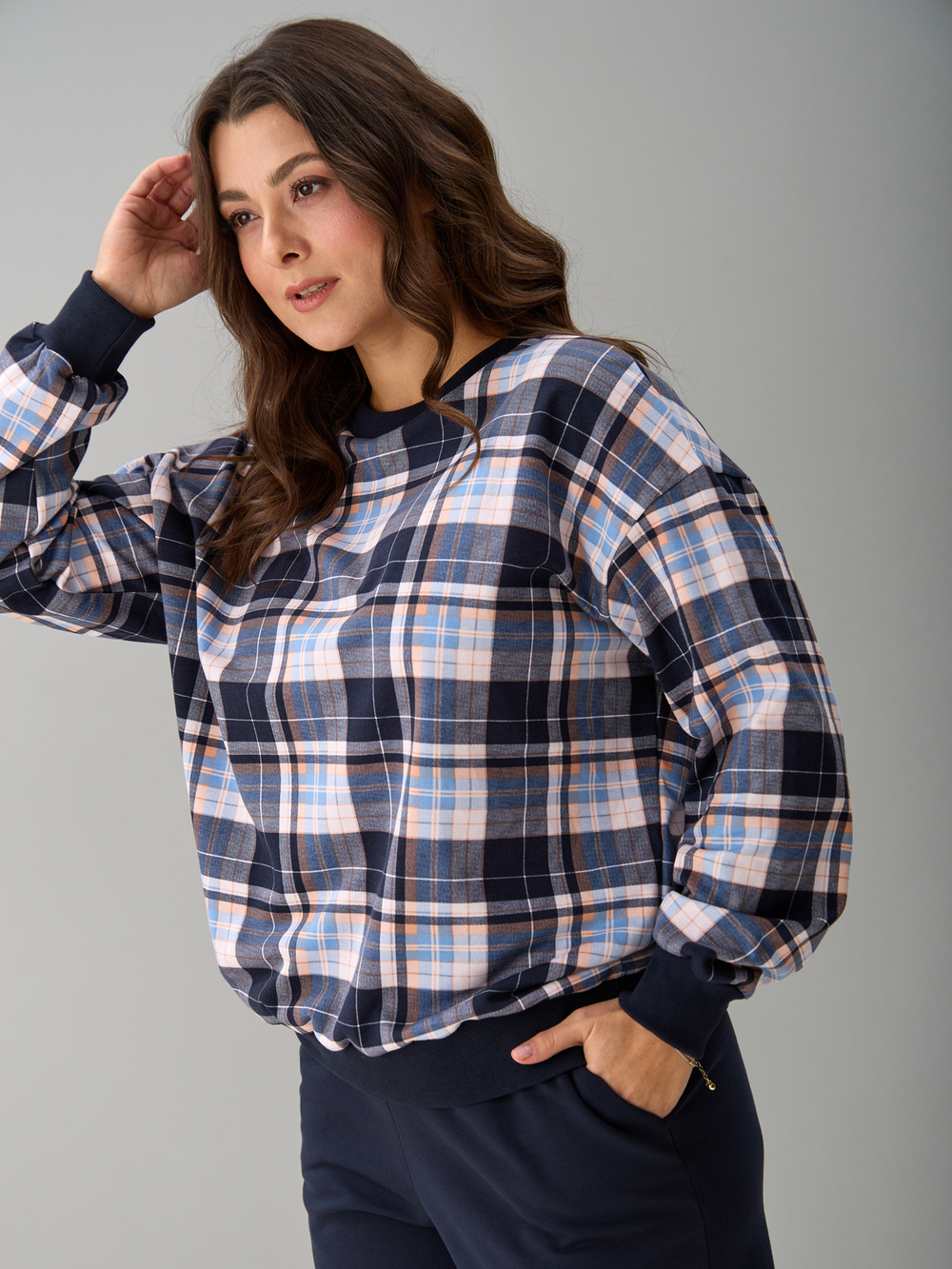 Толстовка К-90/клеткасиний-бежголубой