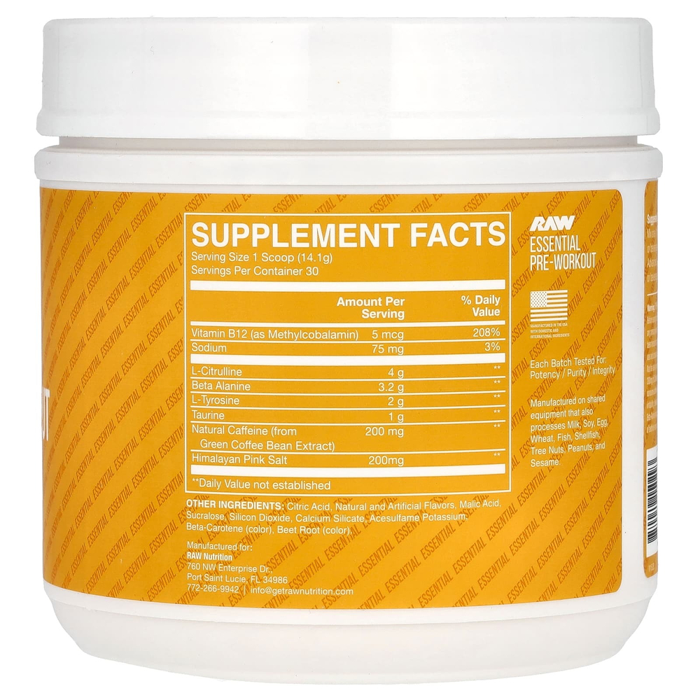 Raw Nutrition, Bum, предтренировочный комплекс, со вкусом персика и манго, 423 г (14,9 унции)