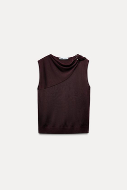 ZARA ТРИКОТАЖНЫЙ ТОП С ЗОЛОТИСТОЙ ДЕТАЛЬЮ, БОРДОВЫЙ