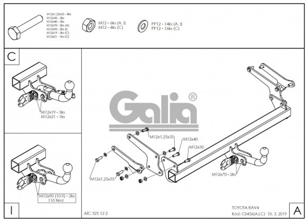 Фаркоп оцинкованный Galia T072C для Toyota RAV4 V XA50 2019-(паспорт и сертификат в комплекте)(без электрики)