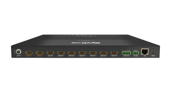 Wyrestorm SW-0206-VW - процессор видеостены 2 входа и 6 выходов. 4К60 4:4:4 HDMI 2.0 входы и выходы. 1 x HDMI loop. Поддержка каскадирования до 6х6, вращение с шагом в 90°. Для 1х3 поворот на 60°.