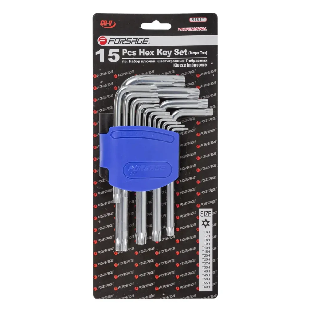 Набор ключей TORX Г-образных с отверстием,15пр.(Т6Н,T7H,T8H,T9H,Т10Н,Т15Н,Т20Н,Т25Н,Т27Н, Т30Н,Т40Н,Т45Н,Т50Н,Т55Н,Т60Н)в пластиковом держателе Forsage F-5151T