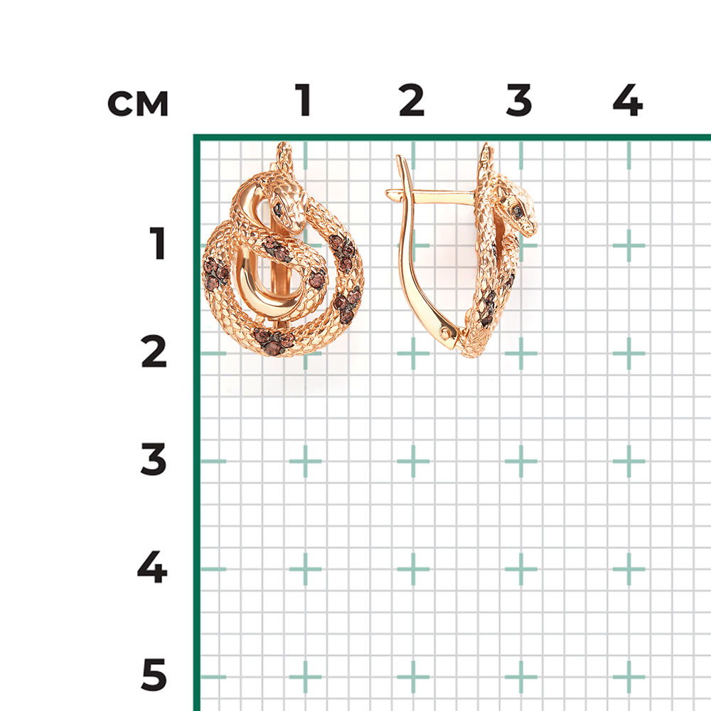 Серьги «Императорский питон» с английским замком из красного золота с фианитами