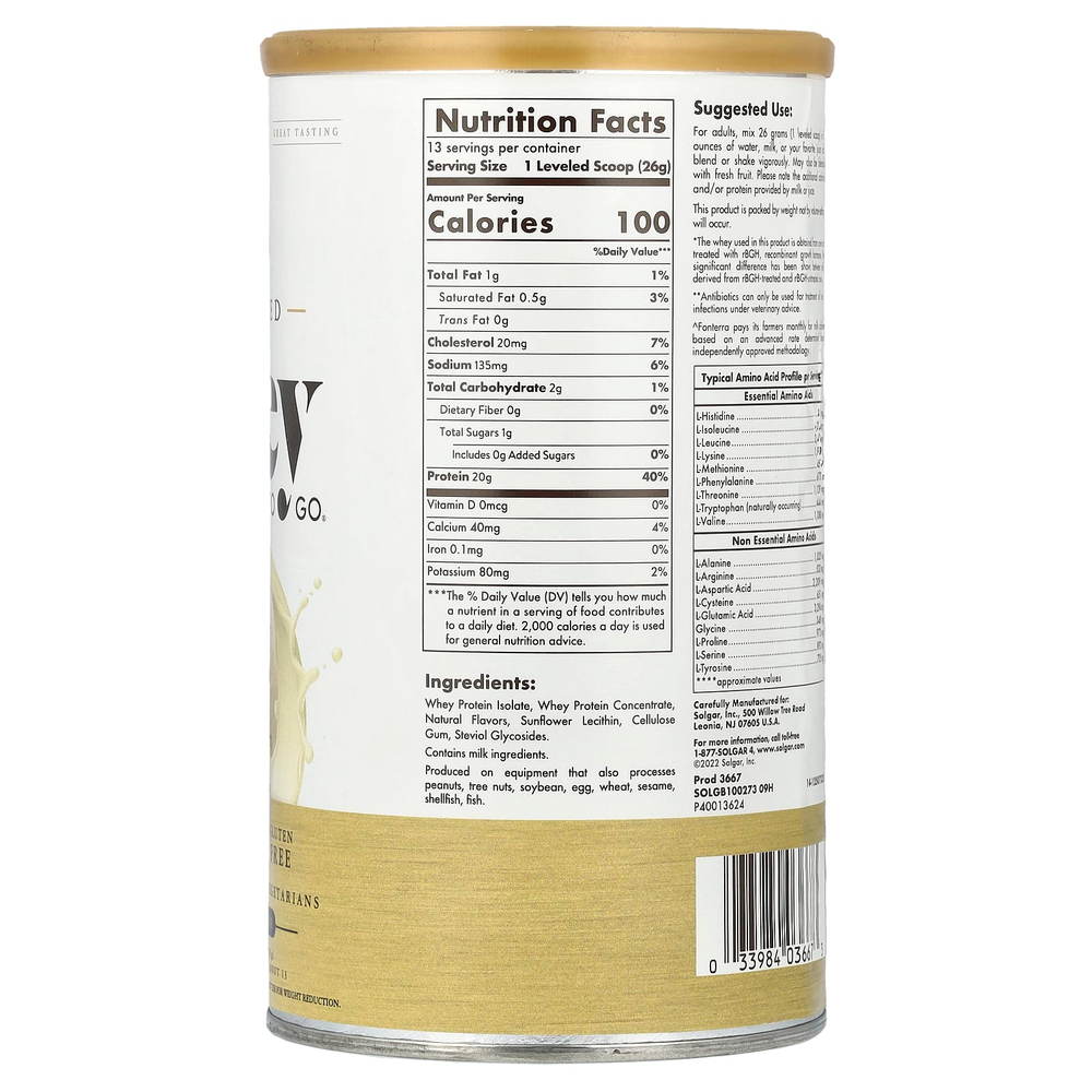 Solgar, Grass Fed Whey To Go®, протеиновый порошок, ваниль, 338 г (11,9 унции)