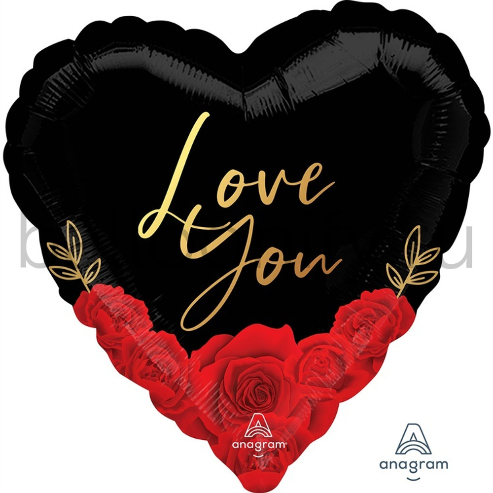 Фольгированная фигура, сердце, ILY Розы красные на черном S40,18"/46СМ