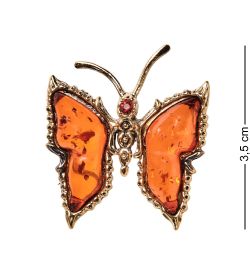 AM-2546 Брошь «Бабочка со стразами» (латунь, янтарь)