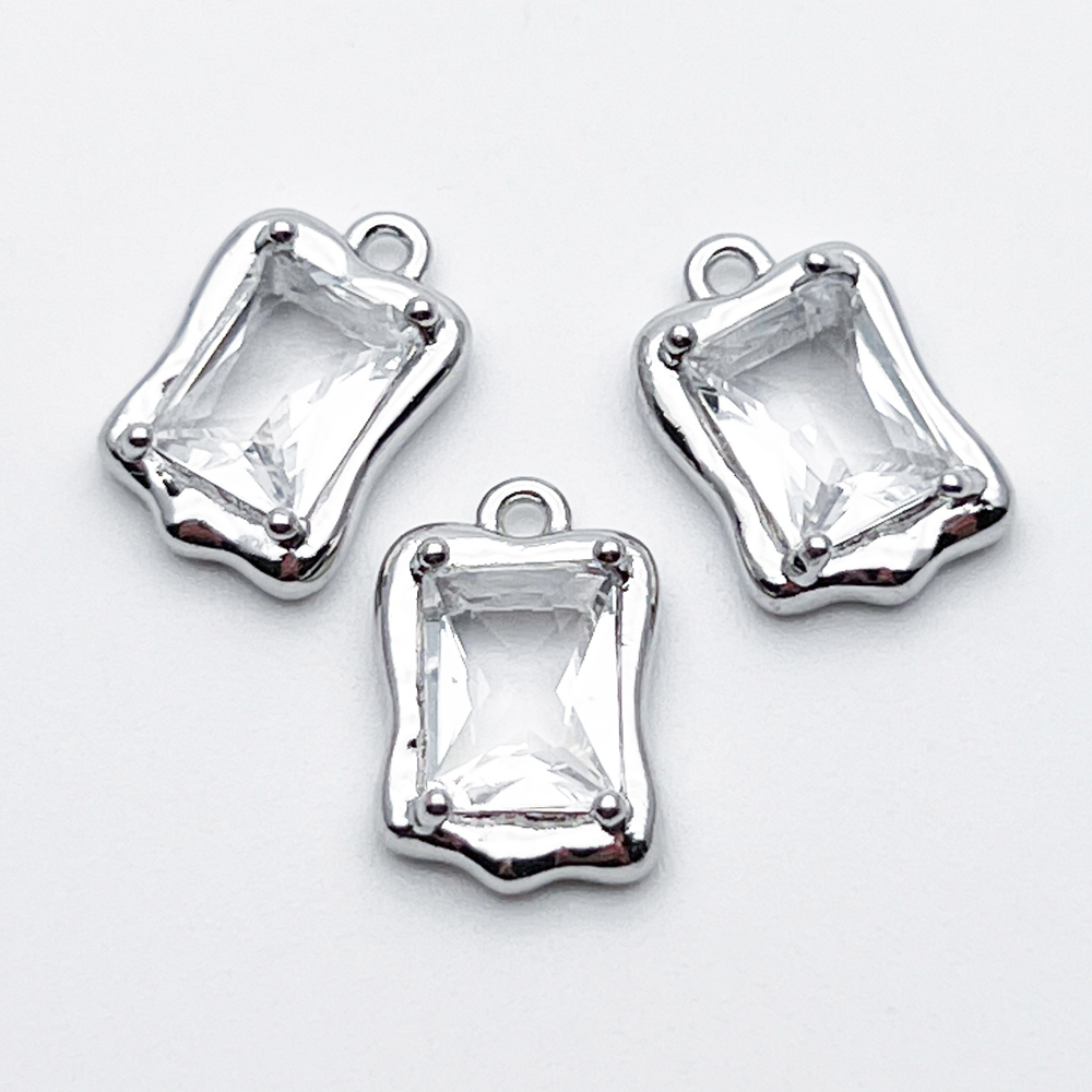 Подвеска Прямоугольник, цвет серебро (родий)+прозрачный, размер 13*9 мм, цена за 1 шт