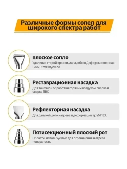 Фен строительный Xastomes 2000Вт с регулировкой температуры от 60 до 600 градусов,защита от перегрева, 220 В,4 насадки