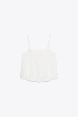 ZARA ТОП С ЦВЕТОЧНОЙ ВЫШИВКОЙ, ЖЕЛТОВАТО-БЕЛЫЙ