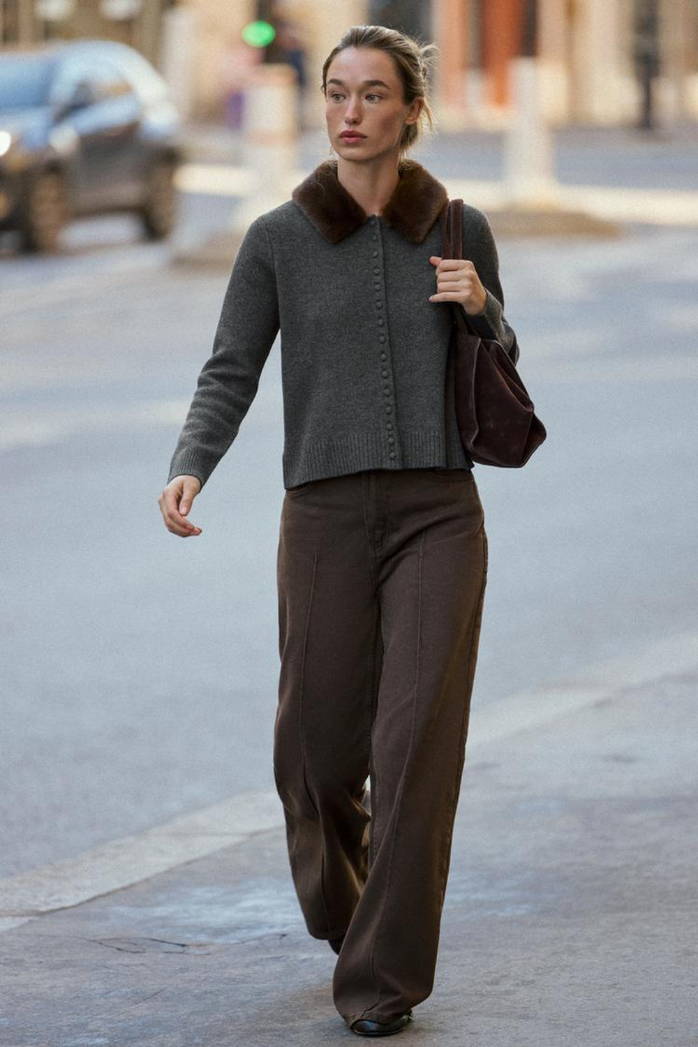 ZARA ТРИКОТАЖНАЯ КУРТКА С ВОРОТНИКОМ ИЗ ИСКУССТВЕННОГО МЕХА, АНТРАЦИТОВО-СЕРЫЙ