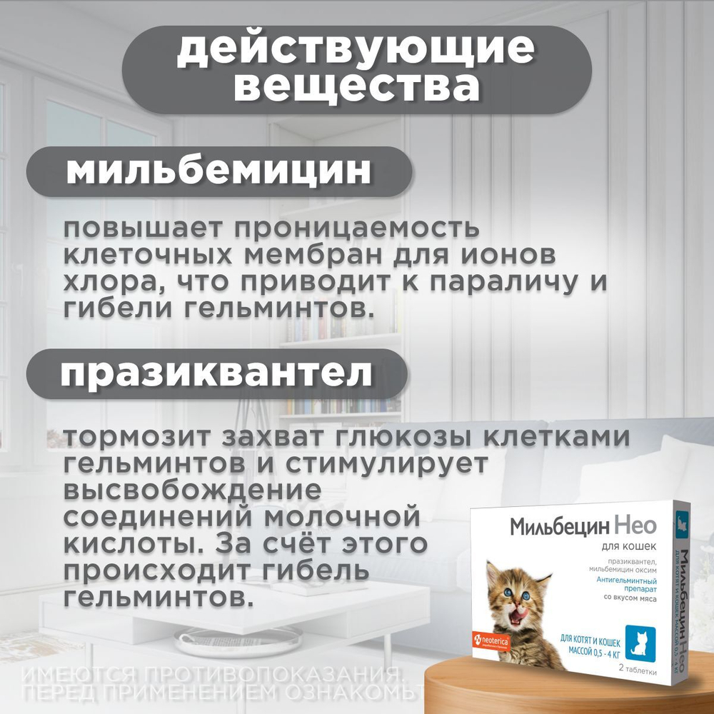 Таблетки от гельминтов для котят и кошек от 0,5-4кг со вкусом мяса МильбецинНео (Neoterica), 2т Празиквантел/ Мильбемицин
