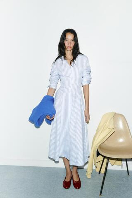 ZARA ПЛАТЬЕ-РУБАШКА МИДИ В ПОЛОСКУ, БЕЛЫЙ/РОЗОВЫЙ