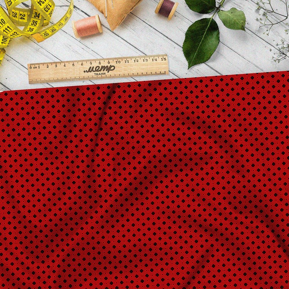 Ткань шелк Армани мелкий чёрный горох на красном