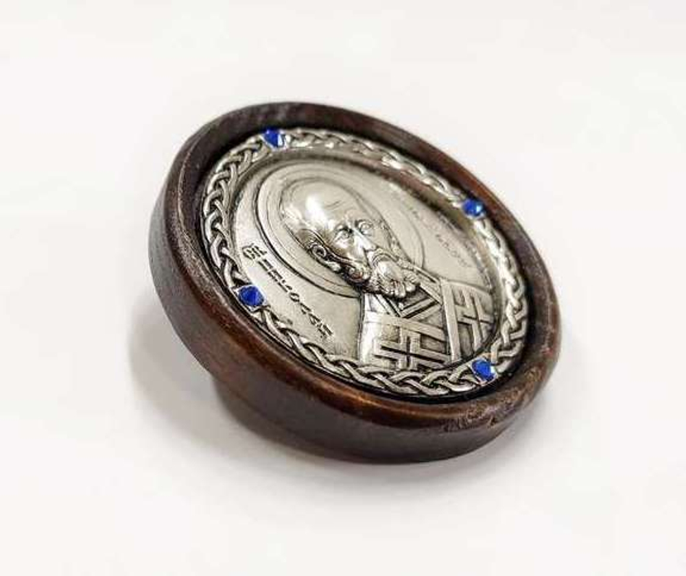 Автоикона круглая свт. Николай Чудотворец  (дерево, медь, стразы)