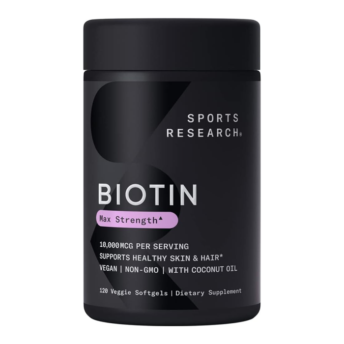 Biotin 10000 мкг, Биотин с органическим кокосовым маслом, Sports Research (120 капсул)