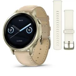 Смарт-часы Garmin Venu 4 (41 мм) лунное золото с силиконовым ремешком цвета слоновой кости и песочным кожаным ремешком
