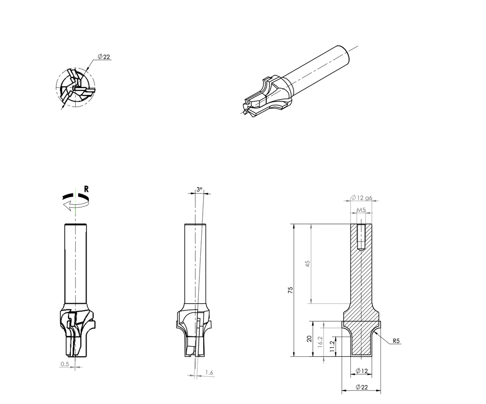 PCD концевая фреза D.22x20 S.12x45 Z3