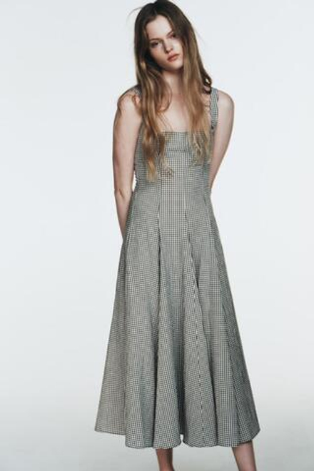 ZARA ПЛАТЬЕ МИДИ В КЛЕТКУ ВИШИ, БЕЛЫЙ/ЗЕЛЕНЫЙ