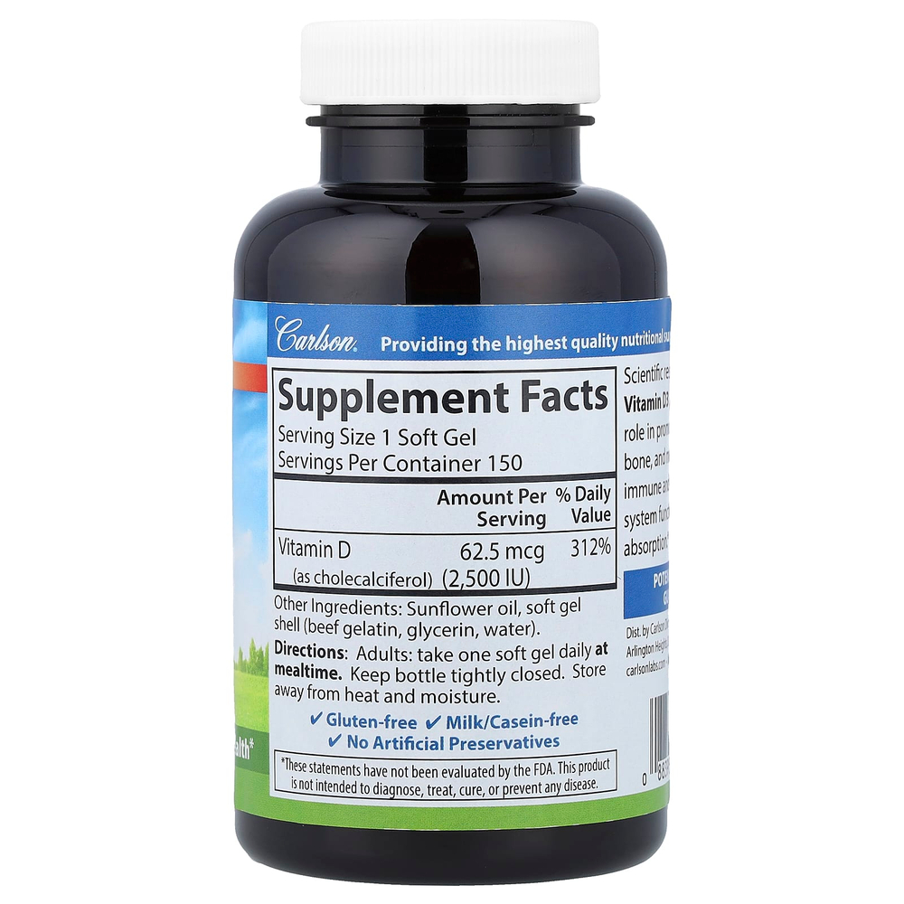 Carlson, Витамин D3, 2500 МЕ (62,5 мкг), 150 мягких таблеток