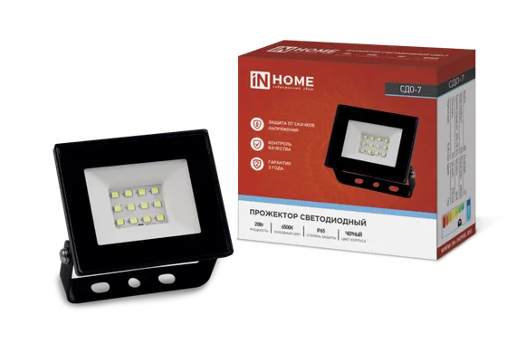 Прожектор светодиодный СДО-7 20Вт 230В 6500К IP65 черный IN HOME