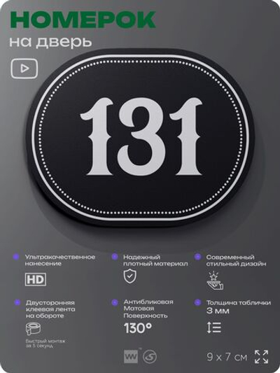 Номерок на дверь квартиры 131, для кабинета, офиса, шильдик 9 х 7 см, черный, Айдентика Технолоджи