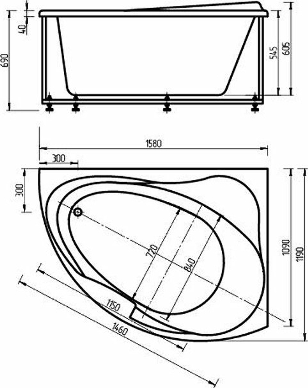 Акриловая ванна Aquatek (Акватек) Альтаир 158x120 R, с каркасом, с фронтальной панелью, со сливом-переливом