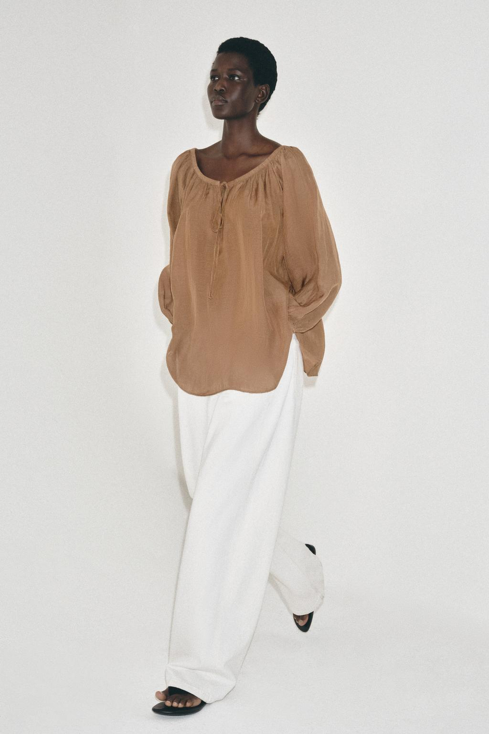 ZARA БЛУЗА ИЗ ЛЬНА — ZW COLLECTION, СВЕТЛО-КОРИЧНЕВЫЙ