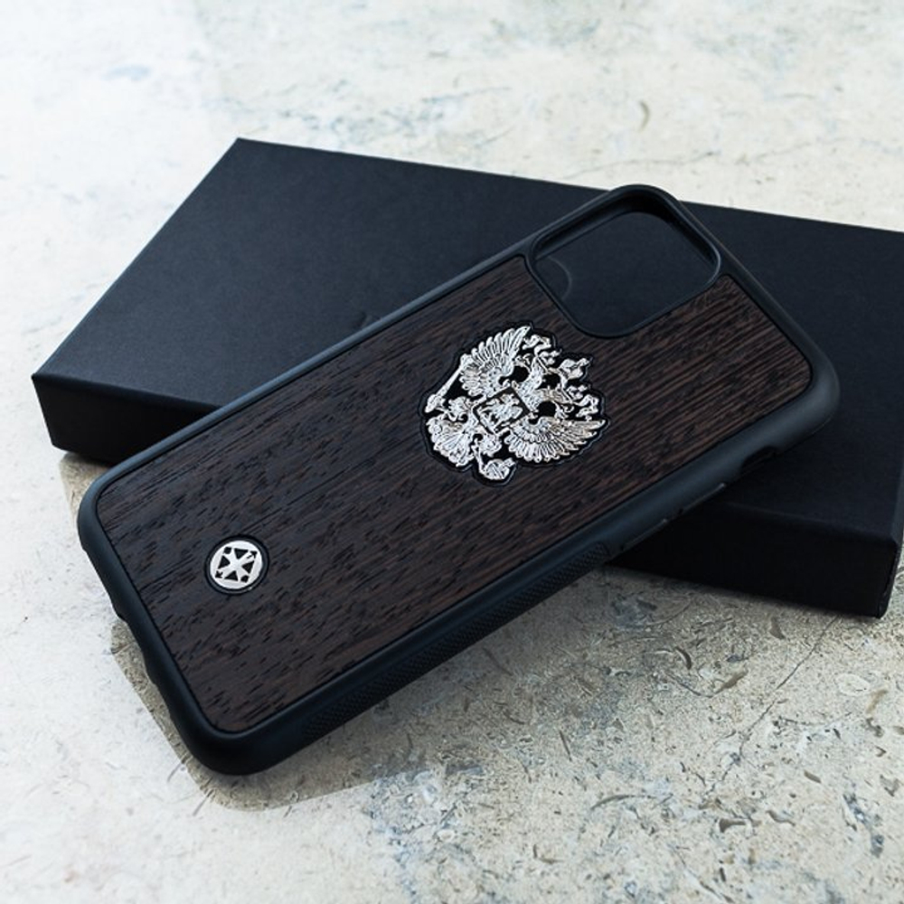 Качественный чехол iPhone с гербом России - Euphoria HM Premium - натуральное дерево, ювелирный сплав