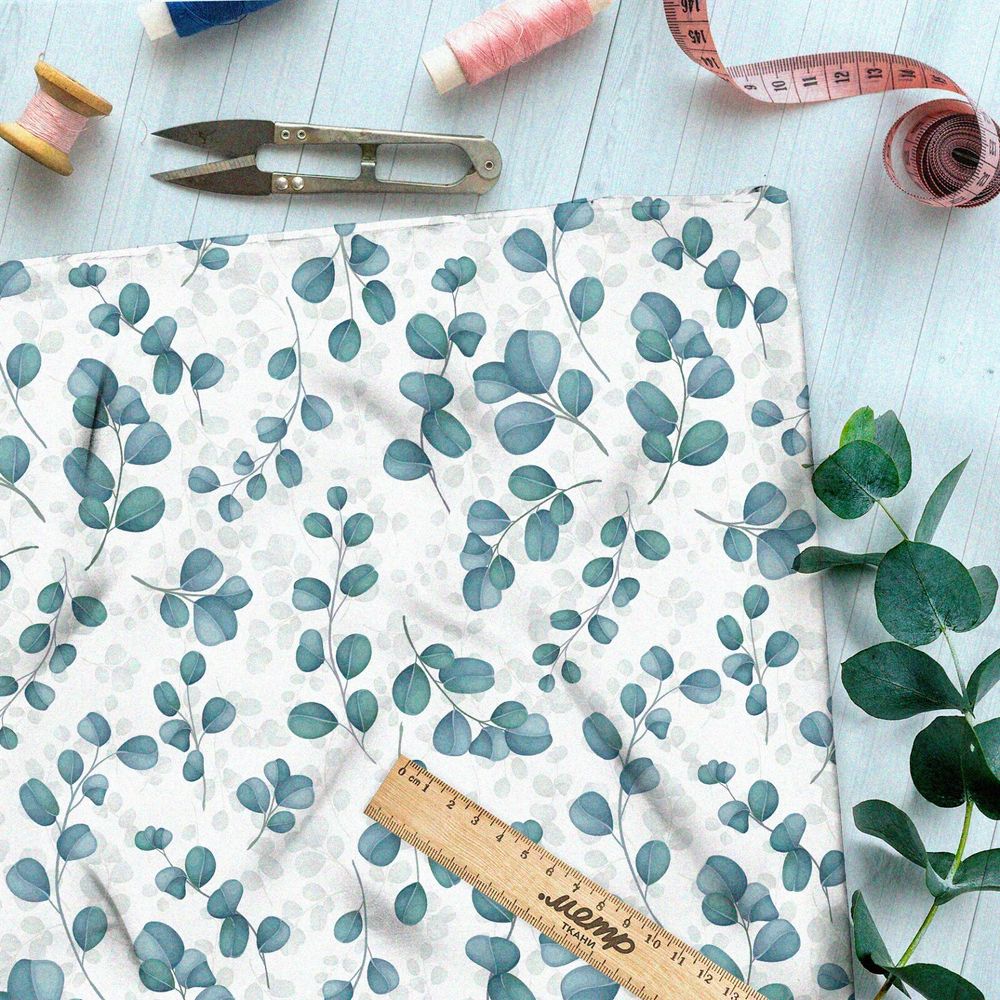 Ткань блэкаут крупные полупрозрачные листья на белом фоне