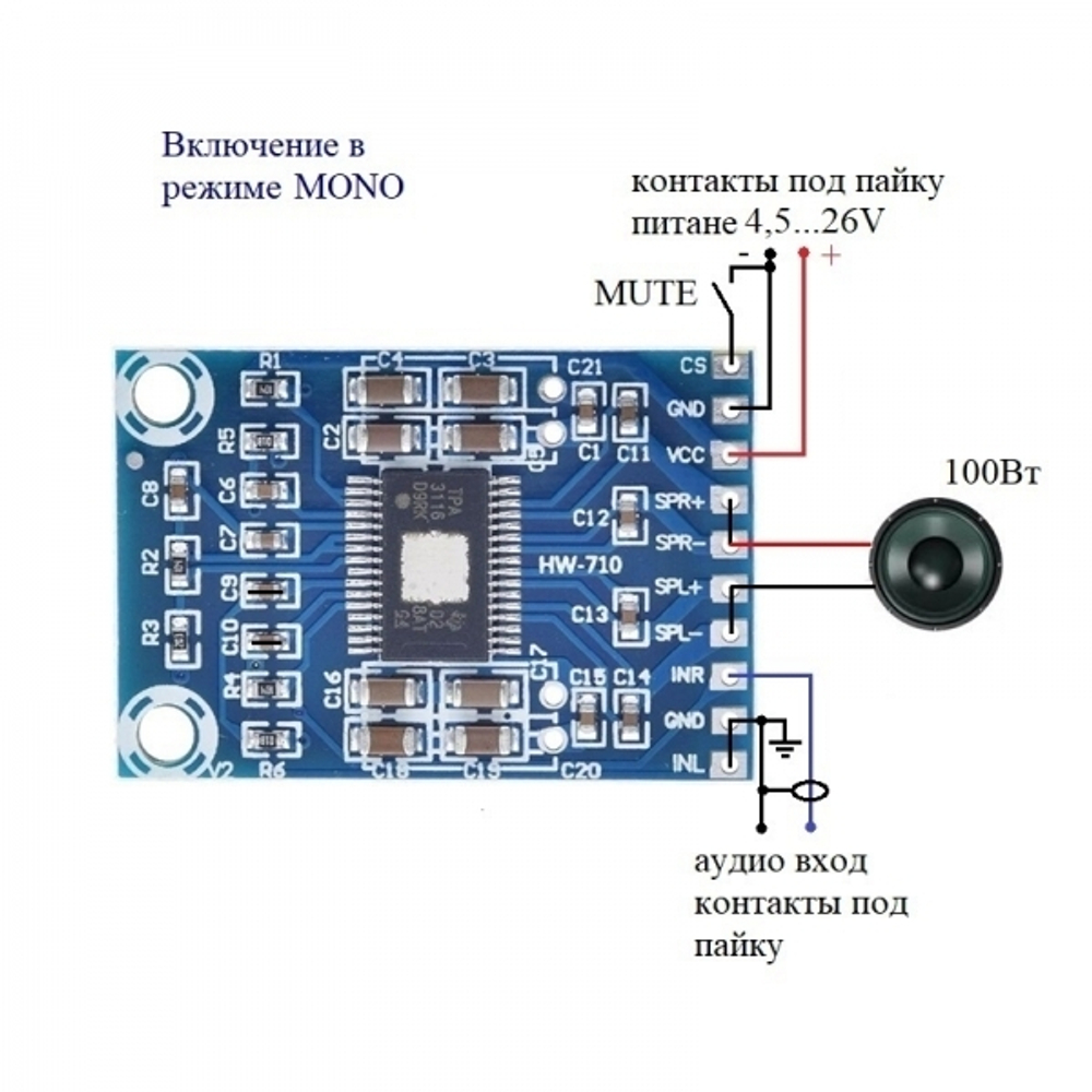 MP3116nano Встраиваемый усилитель НЧ D-класса 2х50Вт (TPA3116) Готовый модуль